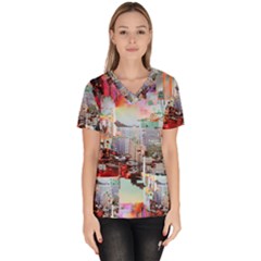 Digital Computer Technology Office Information Modern Media Web Connection Art Creatively Colorful C Women s V-neck Scrub Top