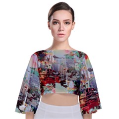 Digital Computer Technology Office Information Modern Media Web Connection Art Creatively Colorful C Tie Back Butterfly Sleeve Chiffon Top