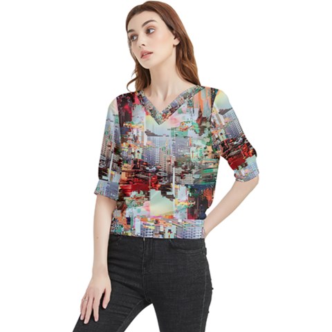 Digital Computer Technology Office Information Modern Media Web Connection Art Creatively Colorful C Quarter Sleeve Blouse by Maspions