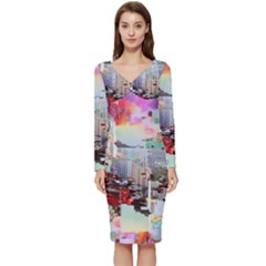 Digital Computer Technology Office Information Modern Media Web Connection Art Creatively Colorful C Long Sleeve V-neck Bodycon Dress 