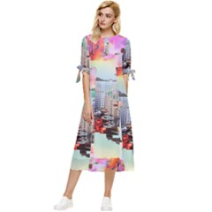 Digital Computer Technology Office Information Modern Media Web Connection Art Creatively Colorful C Bow Sleeve Chiffon Midi Dress by Maspions