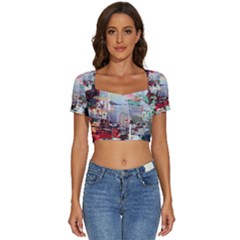 Digital Computer Technology Office Information Modern Media Web Connection Art Creatively Colorful C Short Sleeve Square Neckline Crop Top  by Maspions