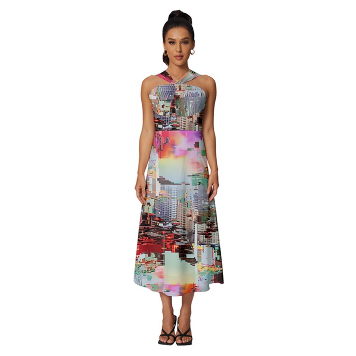 Digital Computer Technology Office Information Modern Media Web Connection Art Creatively Colorful C Sleeveless Cross Front Cocktail Midi Chiffon Dress