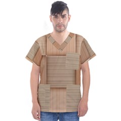 Wooden Wickerwork Texture Square Pattern Men s V-neck Scrub Top