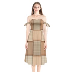 Wooden Wickerwork Texture Square Pattern Shoulder Tie Bardot Midi Dress