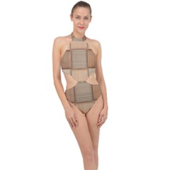 Wooden Wickerwork Texture Square Pattern Halter Side Cut Swimsuit