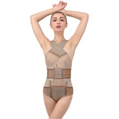 Wooden Wickerwork Texture Square Pattern Cross Front Low Back Swimsuit