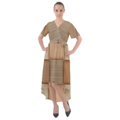 Wooden Wickerwork Texture Square Pattern Front Wrap High Low Dress by Maspions