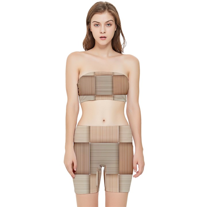 Wooden Wickerwork Texture Square Pattern Stretch Shorts and Tube Top Set