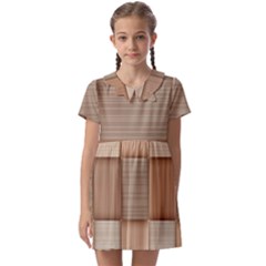 Wooden Wickerwork Texture Square Pattern Kids  Asymmetric Collar Dress