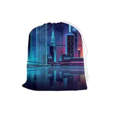 Digital Art Artwork Illustration Vector Buiding City Drawstring Pouch (large)