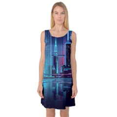 Digital Art Artwork Illustration Vector Buiding City Sleeveless Satin Nightdress