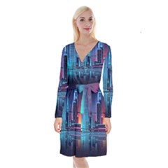 Digital Art Artwork Illustration Vector Buiding City Long Sleeve Velvet Front Wrap Dress