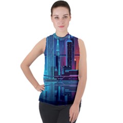 Digital Art Artwork Illustration Vector Buiding City Mock Neck Chiffon Sleeveless Top