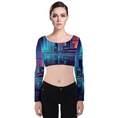 Digital Art Artwork Illustration Vector Buiding City Velvet Long Sleeve Crop Top