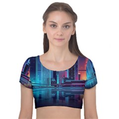 Digital Art Artwork Illustration Vector Buiding City Velvet Short Sleeve Crop Top 