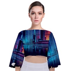 Digital Art Artwork Illustration Vector Buiding City Tie Back Butterfly Sleeve Chiffon Top