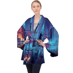 Digital Art Artwork Illustration Vector Buiding City Long Sleeve Velvet Kimono  by Maspions