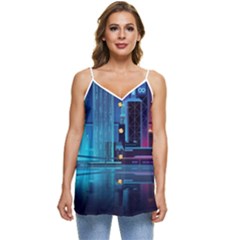 Digital Art Artwork Illustration Vector Buiding City Casual Spaghetti Strap Chiffon Top