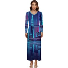 Digital Art Artwork Illustration Vector Buiding City Long Sleeve Longline Maxi Dress