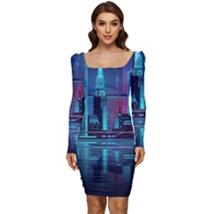 Digital Art Artwork Illustration Vector Buiding City Women Long Sleeve Ruched Stretch Jersey Dress