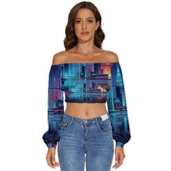 Digital Art Artwork Illustration Vector Buiding City Long Sleeve Crinkled Weave Crop Top