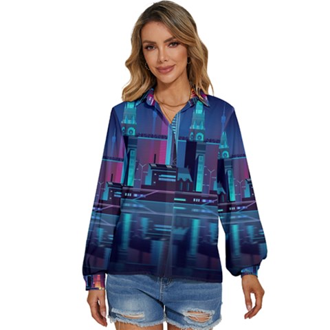 Digital Art Artwork Illustration Vector Buiding City Women s Long Sleeve Button Up Shirt by Maspions