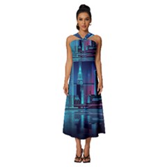 Digital Art Artwork Illustration Vector Buiding City Sleeveless Cross Front Cocktail Midi Chiffon Dress