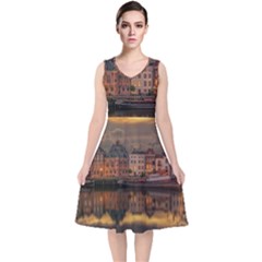 Old Port Of Maasslui Netherlands V-neck Midi Sleeveless Dress 