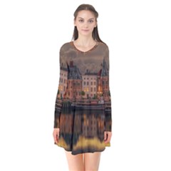 Old Port Of Maasslui Netherlands Long Sleeve V-neck Flare Dress