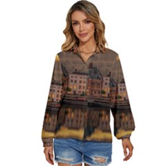 Old Port Of Maasslui Netherlands Women s Long Sleeve Button Up Shirt