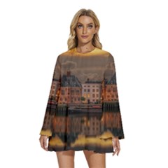 Old Port Of Maasslui Netherlands Round Neck Long Sleeve Bohemian Style Chiffon Mini Dress