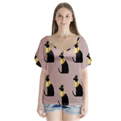 Cat Egyptian Ancient Statue Egypt Culture Animals V-neck Flutter Sleeve Top