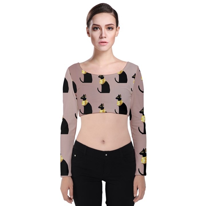 Cat Egyptian Ancient Statue Egypt Culture Animals Velvet Long Sleeve Crop Top