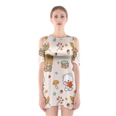 Bear Cartoon Background Pattern Seamless Animal Shoulder Cutout One Piece Dress