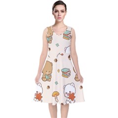 Bear Cartoon Background Pattern Seamless Animal V-neck Midi Sleeveless Dress  by Maspions