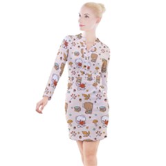 Bear Cartoon Background Pattern Seamless Animal Button Long Sleeve Dress by Maspions