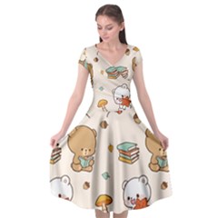 Bear Cartoon Background Pattern Seamless Animal Cap Sleeve Wrap Front Dress