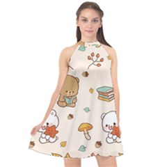 Bear Cartoon Background Pattern Seamless Animal Halter Neckline Chiffon Dress 