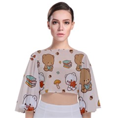 Bear Cartoon Background Pattern Seamless Animal Tie Back Butterfly Sleeve Chiffon Top