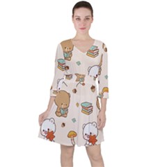 Bear Cartoon Background Pattern Seamless Animal Quarter Sleeve Ruffle Waist Dress