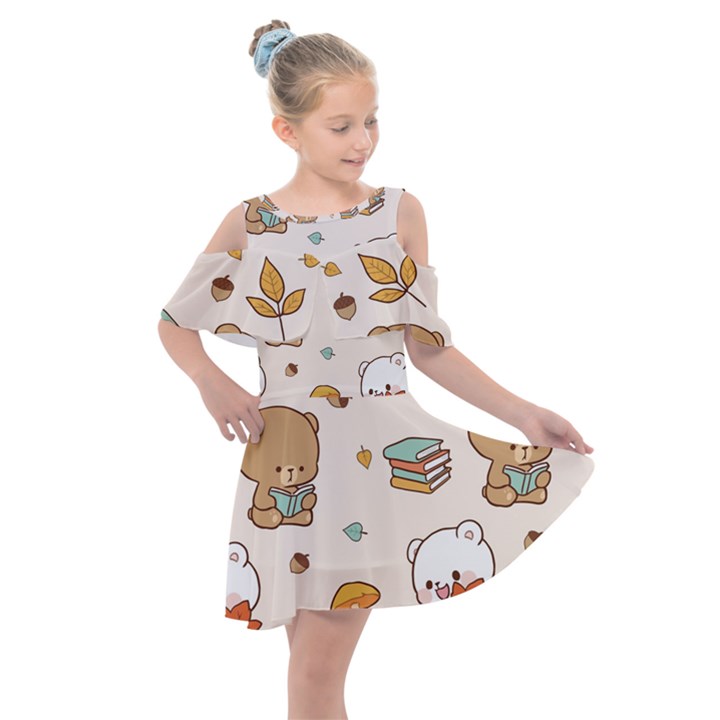 Bear Cartoon Background Pattern Seamless Animal Kids  Shoulder Cutout Chiffon Dress