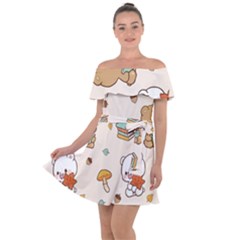 Bear Cartoon Background Pattern Seamless Animal Off Shoulder Velour Dress by Maspions