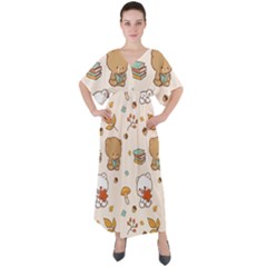 Bear Cartoon Background Pattern Seamless Animal V-neck Boho Style Maxi Dress