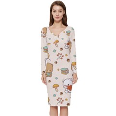 Bear Cartoon Background Pattern Seamless Animal Long Sleeve V-neck Bodycon Dress 