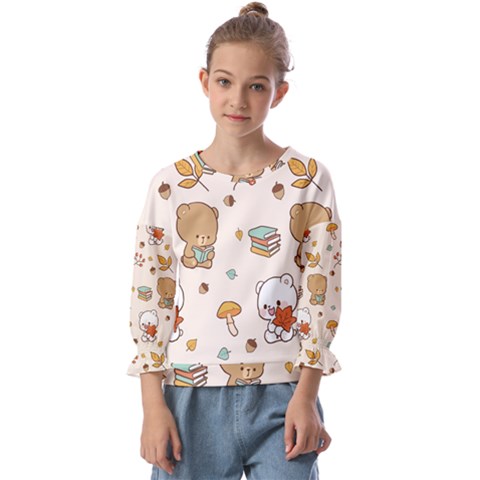 Bear Cartoon Background Pattern Seamless Animal Kids  Cuff Sleeve Top by Maspions