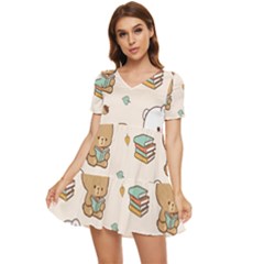 Bear Cartoon Background Pattern Seamless Animal Tiered Short Sleeve Babydoll Dress