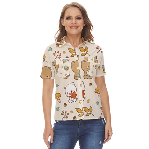 Bear Cartoon Background Pattern Seamless Animal Women s Short Sleeve Double Pocket Shirt by Maspions