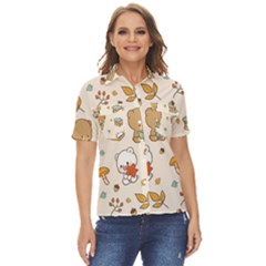 Bear Cartoon Background Pattern Seamless Animal Women s Short Sleeve Double Pocket Shirt