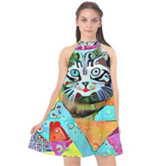 Kitten Cat Pet Animal Adorable Fluffy Cute Kitty Halter Neckline Chiffon Dress 